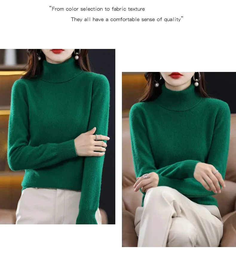 100% Merino Wool Cashmere Sweater Women Knitted Sweater Turtleneck Long Sleeve Pullovers Autumn Winter Clothing Warm Jumper Tops