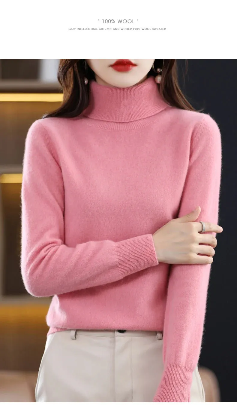 100% Merino Wool Cashmere Sweater Women Knitted Sweater Turtleneck Long Sleeve Pullovers Autumn Winter Clothing Warm Jumper Tops