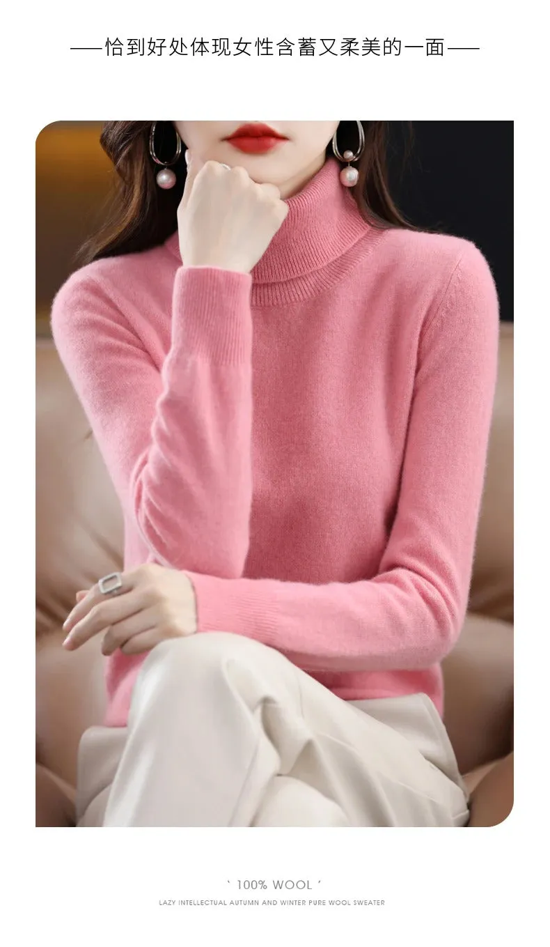 100% Merino Wool Cashmere Sweater Women Knitted Sweater Turtleneck Long Sleeve Pullovers Autumn Winter Clothing Warm Jumper Tops