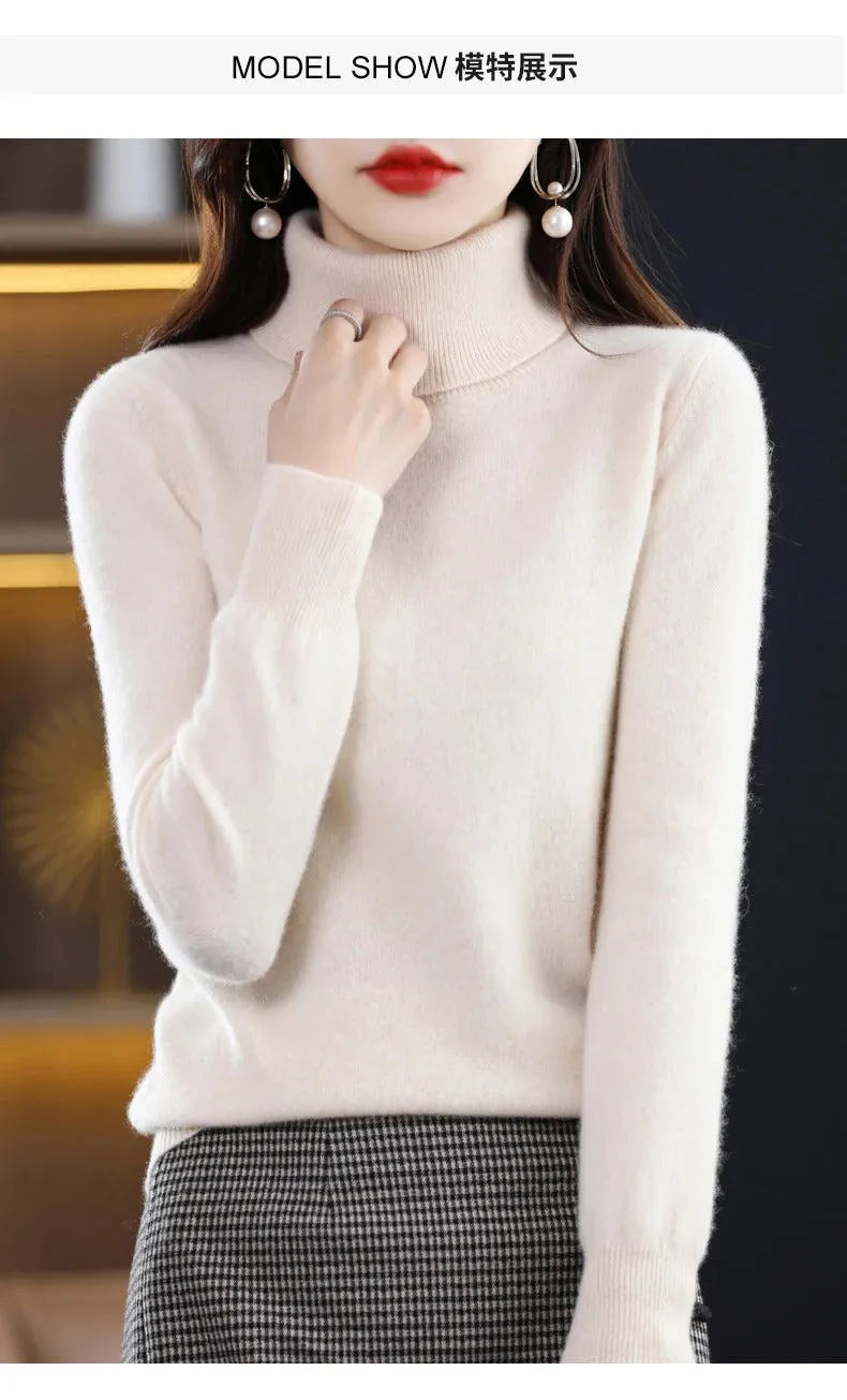 100% Merino Wool Cashmere Sweater Women Knitted Sweater Turtleneck Long Sleeve Pullovers Autumn Winter Clothing Warm Jumper Tops