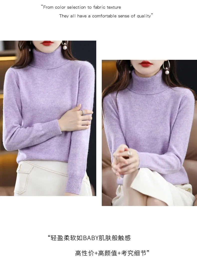 100% Merino Wool Cashmere Sweater Women Knitted Sweater Turtleneck Long Sleeve Pullovers Autumn Winter Clothing Warm Jumper Tops