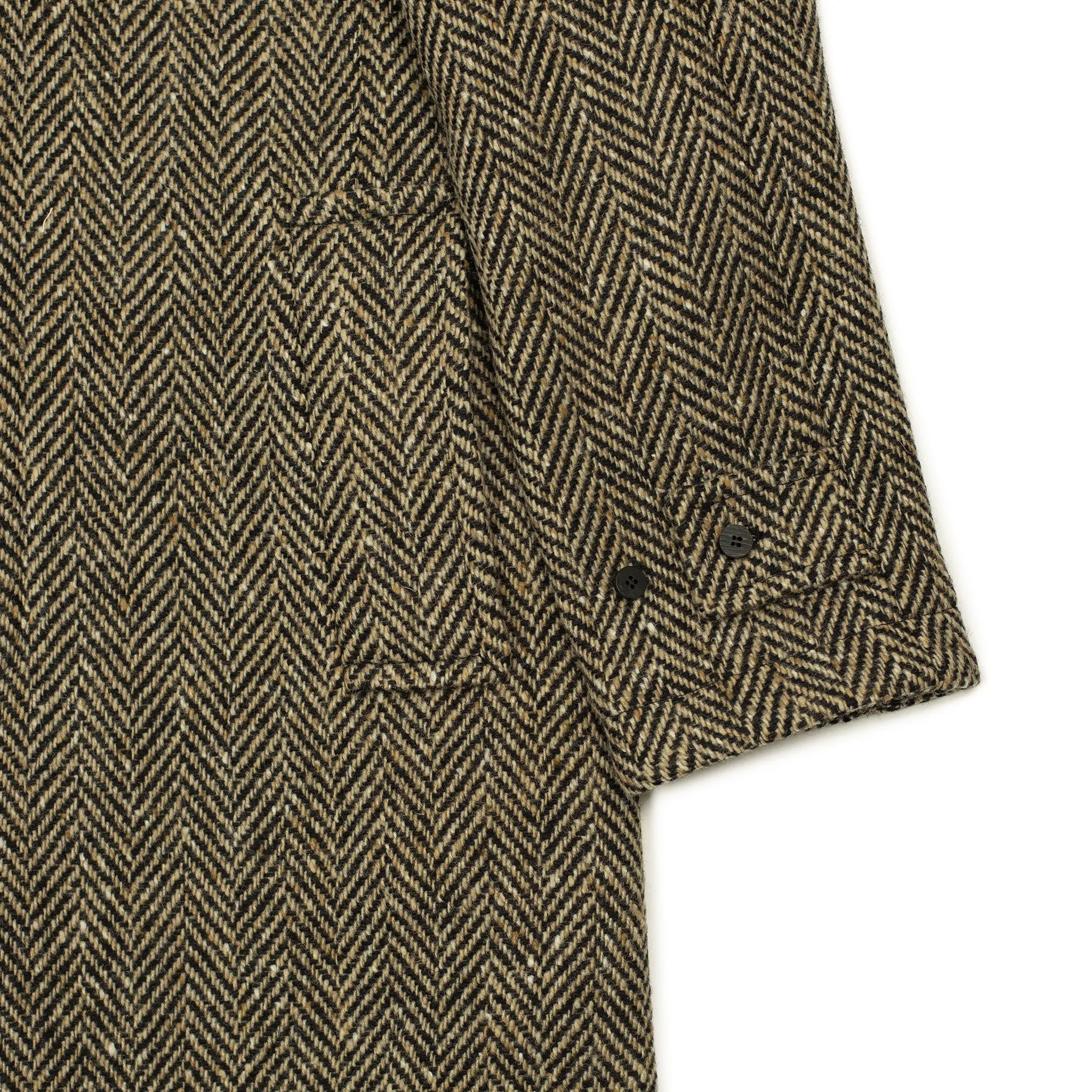 Belted balmacaan in oatmeal and black herringbone wool donegal tweed