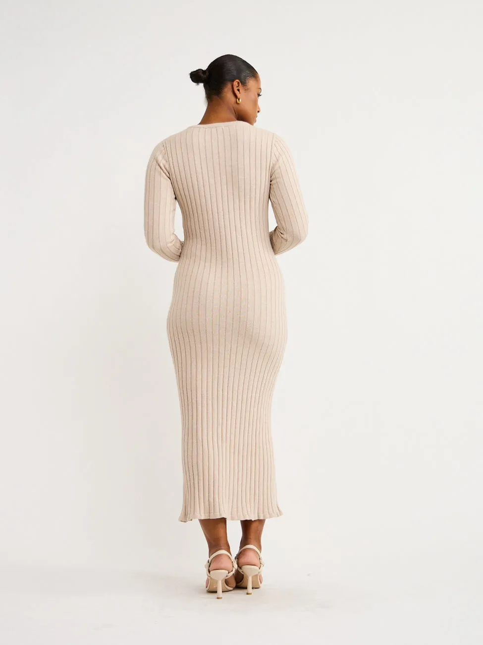 By Nicola Moon Midi Knitted Dress in Beige Marle