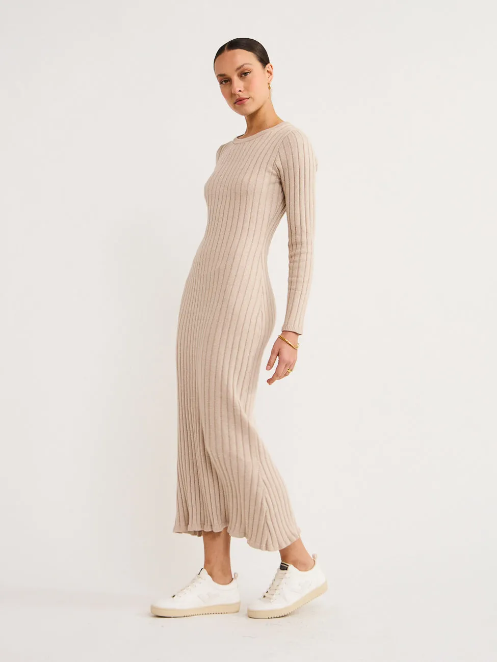 By Nicola Moon Midi Knitted Dress in Beige Marle