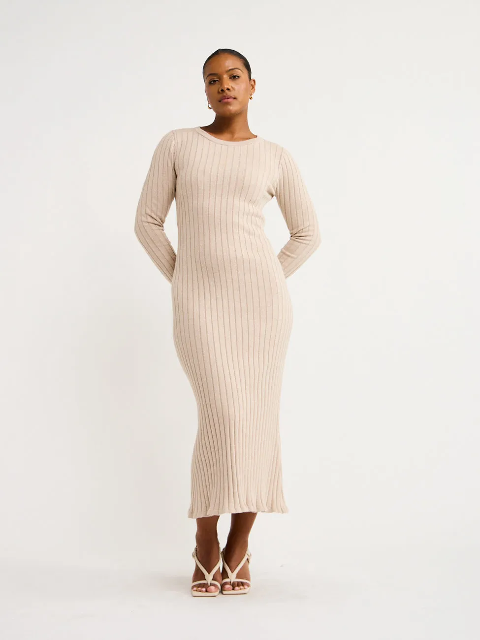 By Nicola Moon Midi Knitted Dress in Beige Marle