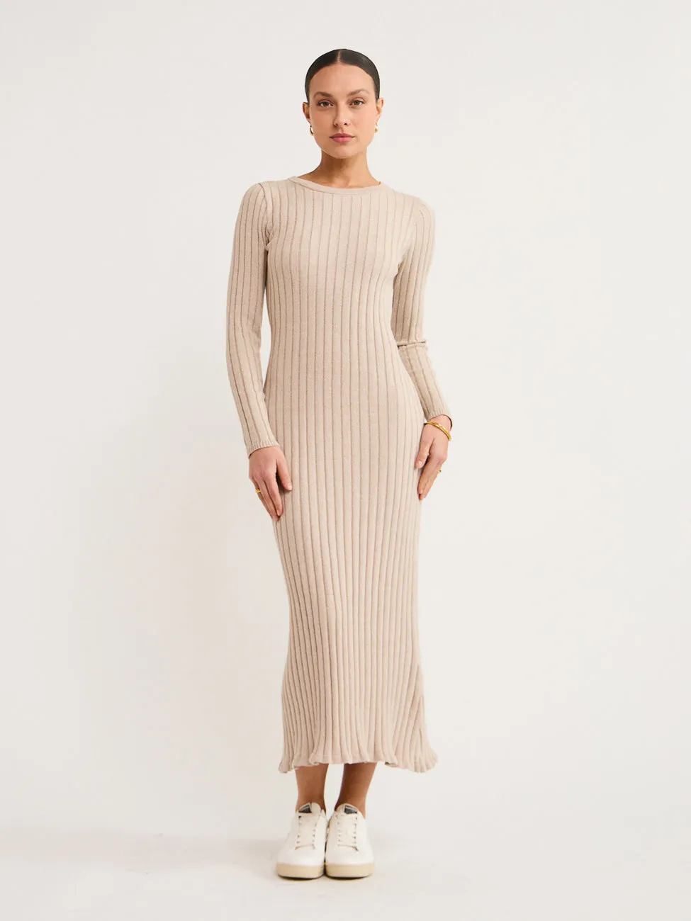 By Nicola Moon Midi Knitted Dress in Beige Marle