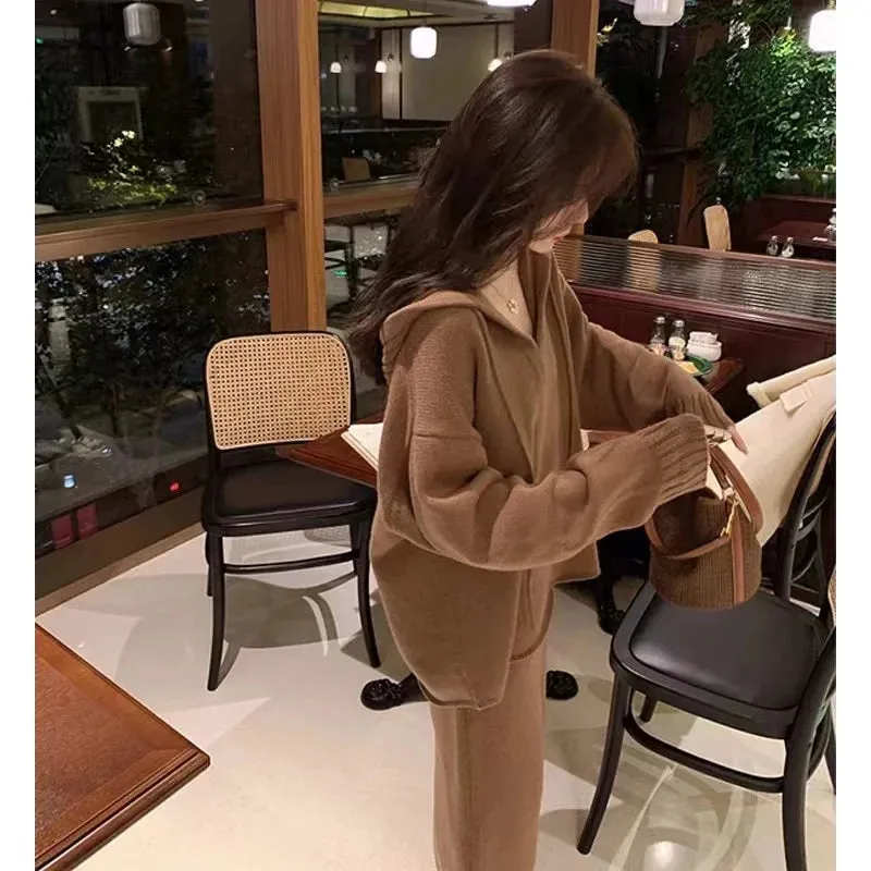 Casual Elegant  2-Piece Knitted Hoodies Outfit with Sweater Blouses Tops and Skirt- One Size