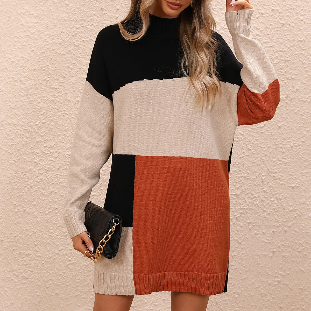 Color Block Knit Dress - Oversized Fall-Winter Long Sweater