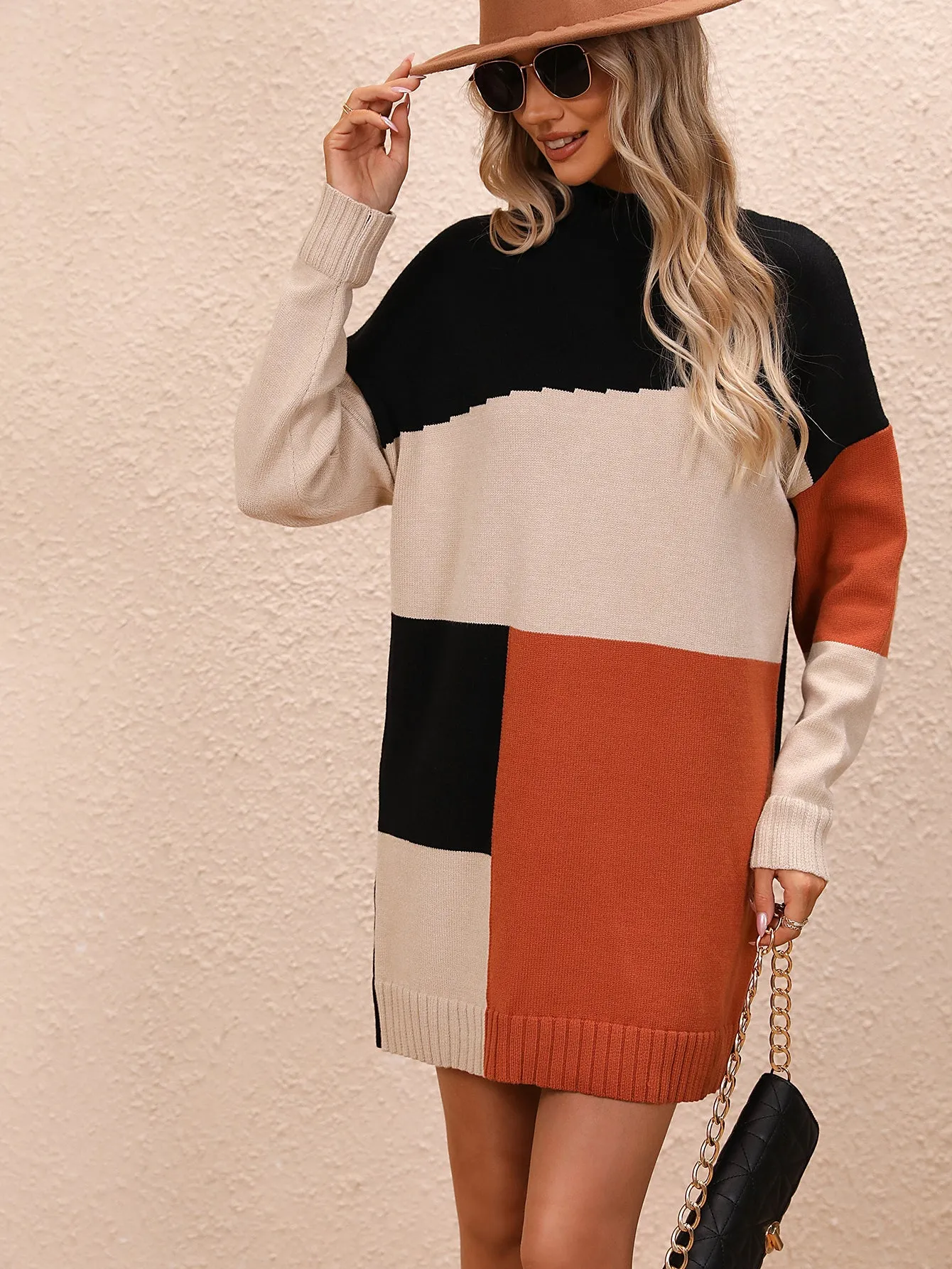 Color Block Knit Dress - Oversized Fall-Winter Long Sweater