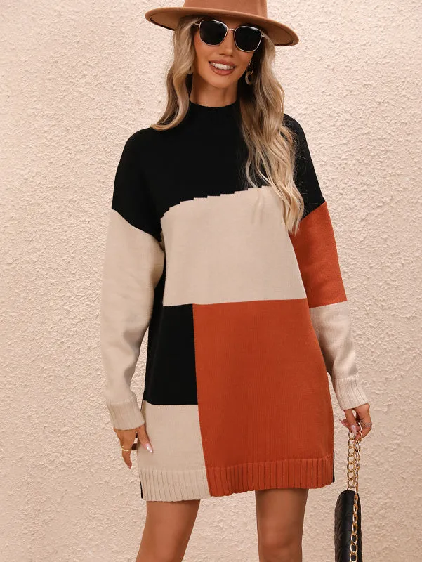 Color Block Knit Dress - Oversized Fall-Winter Long Sweater