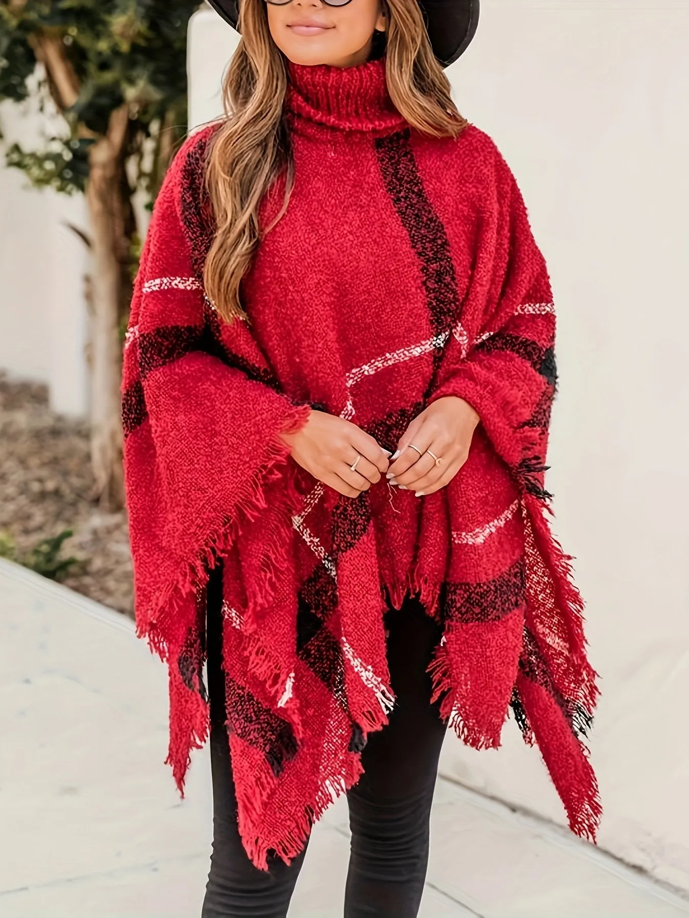 Cozy Plus Size Plaid Knit Turtleneck Sweater - Soft, Warm, and Stylish Cape Sleeve Design for Fall and Winter - Women's Casual Plus Size Clothing for Everyday Wear