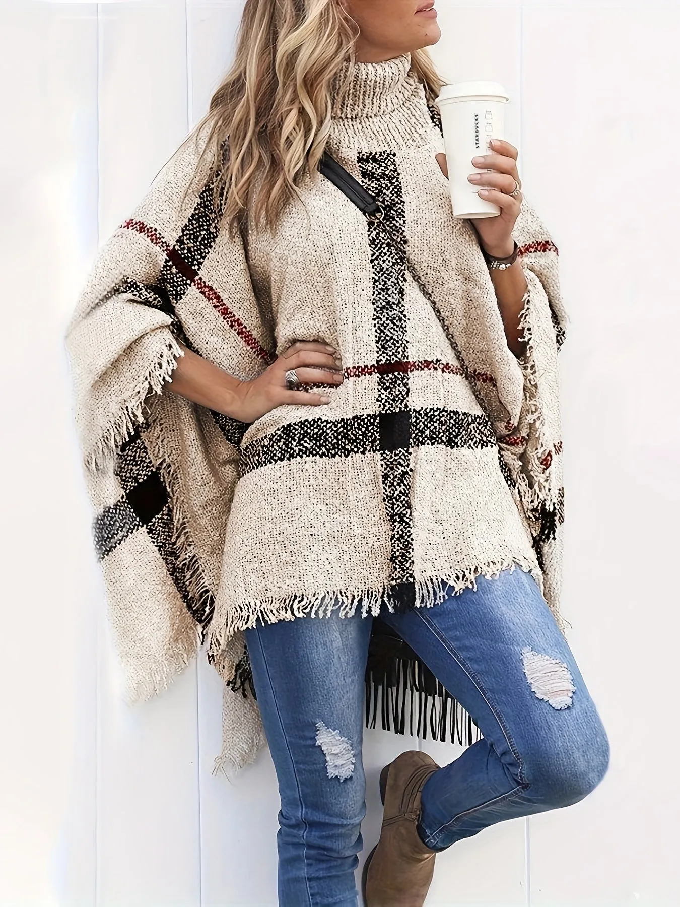 Cozy Plus Size Plaid Knit Turtleneck Sweater - Soft, Warm, and Stylish Cape Sleeve Design for Fall and Winter - Women's Casual Plus Size Clothing for Everyday Wear