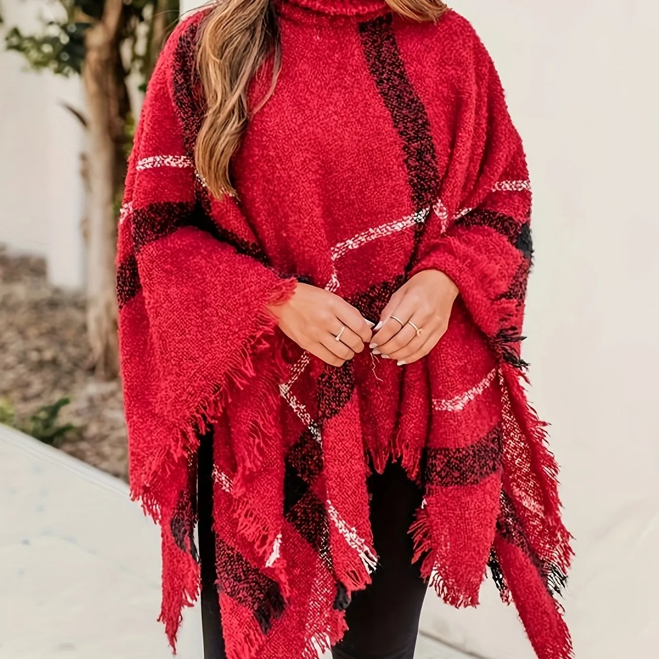 Cozy Plus Size Plaid Knit Turtleneck Sweater - Soft, Warm, and Stylish Cape Sleeve Design for Fall and Winter - Women's Casual Plus Size Clothing for Everyday Wear