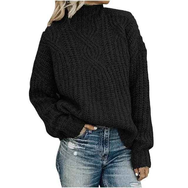 DressBetty - Turtleneck Jacquard Sweater Women Vintage Casual Loose Solid Long Sleeve Temperament Commute Knitted Pullover Top Pull