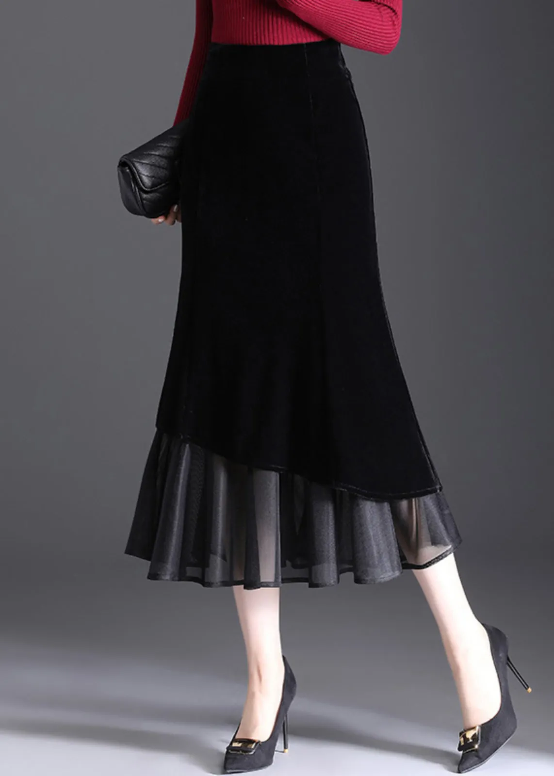 Elegant Black Zippered Elastic Waist Velvet Fishtail Skirts Spring RV003