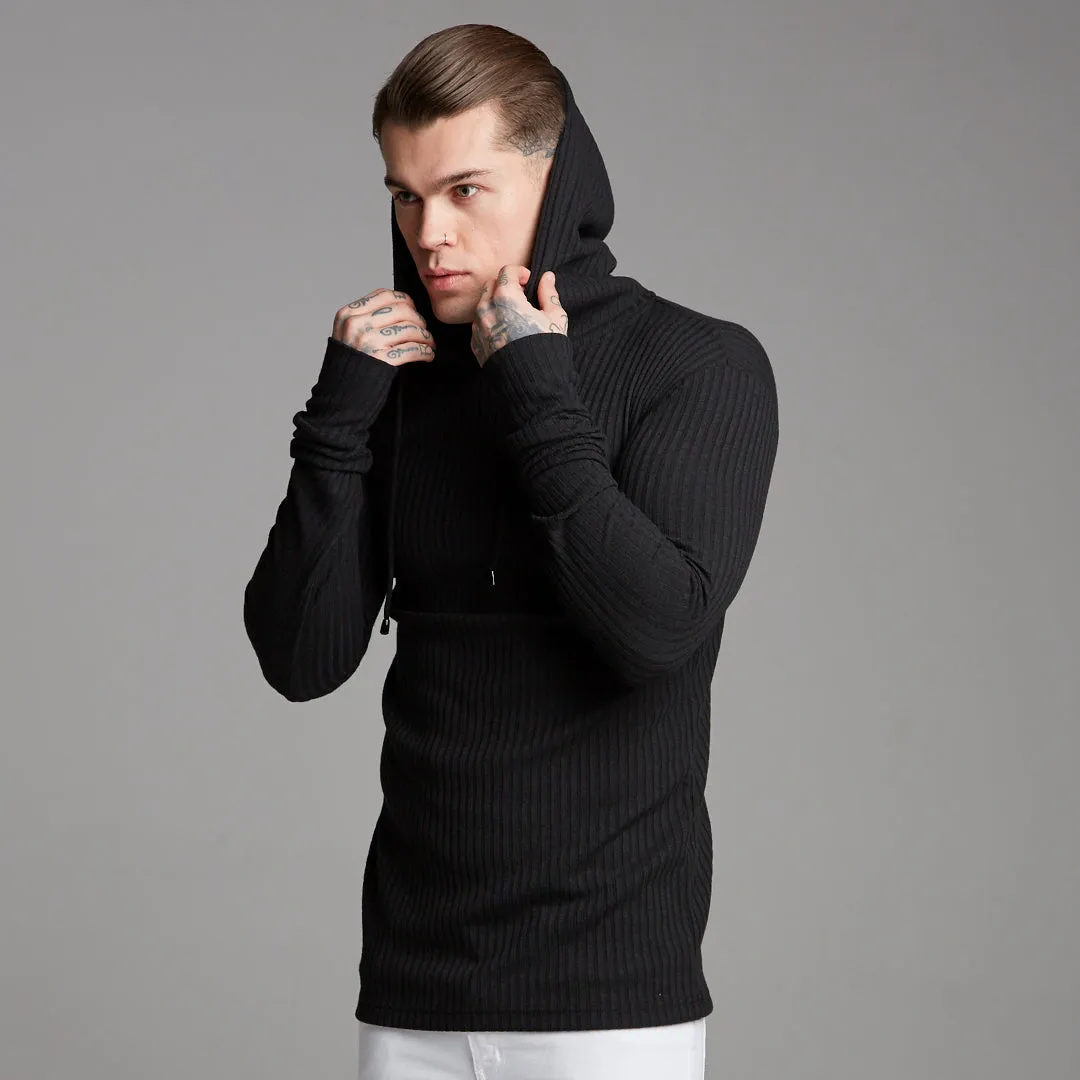 Father Sons Classic Black Ribbed Knit Hoodie Jumper - FSH218