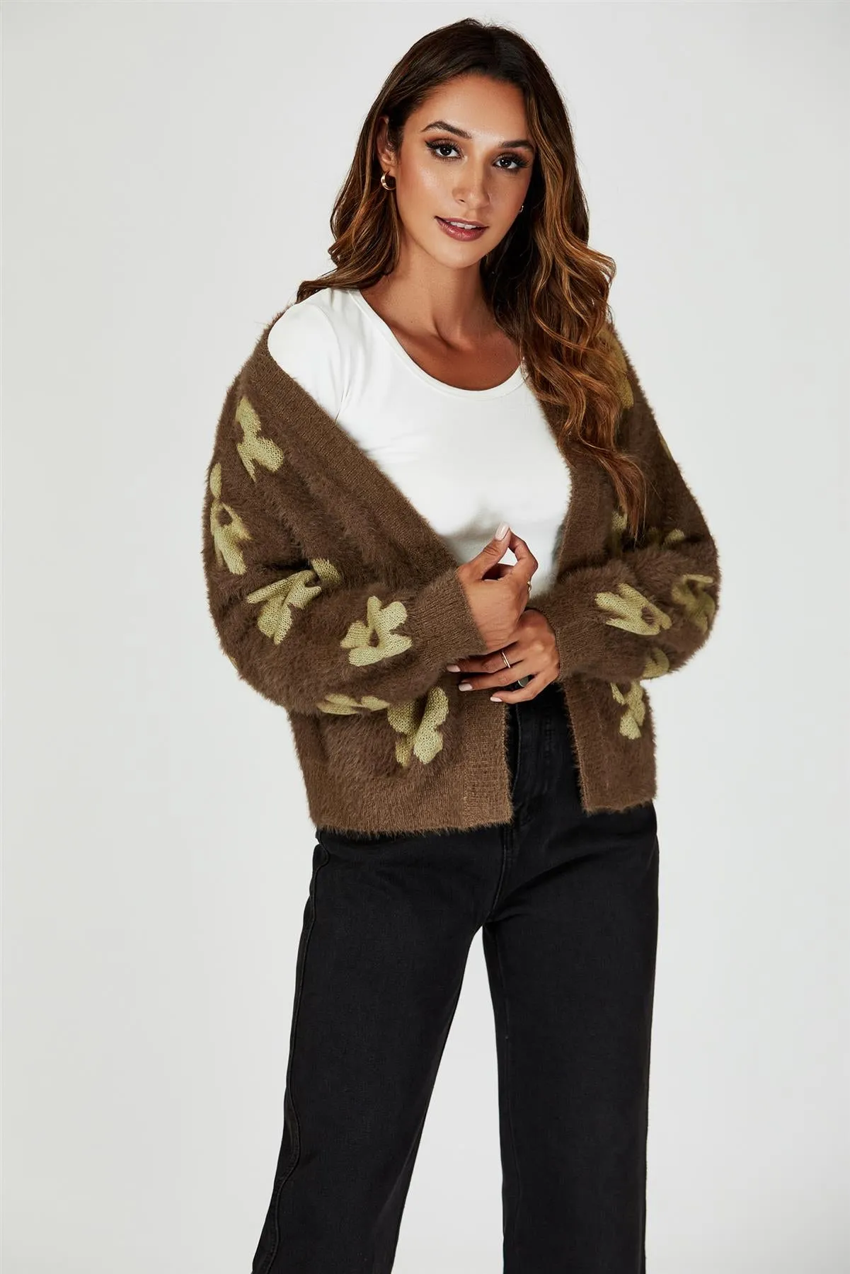 Flowers Pattern Knitted Cardigan In Brown