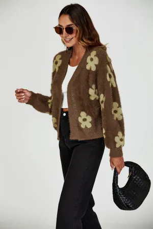 Flowers Pattern Knitted Cardigan In Brown