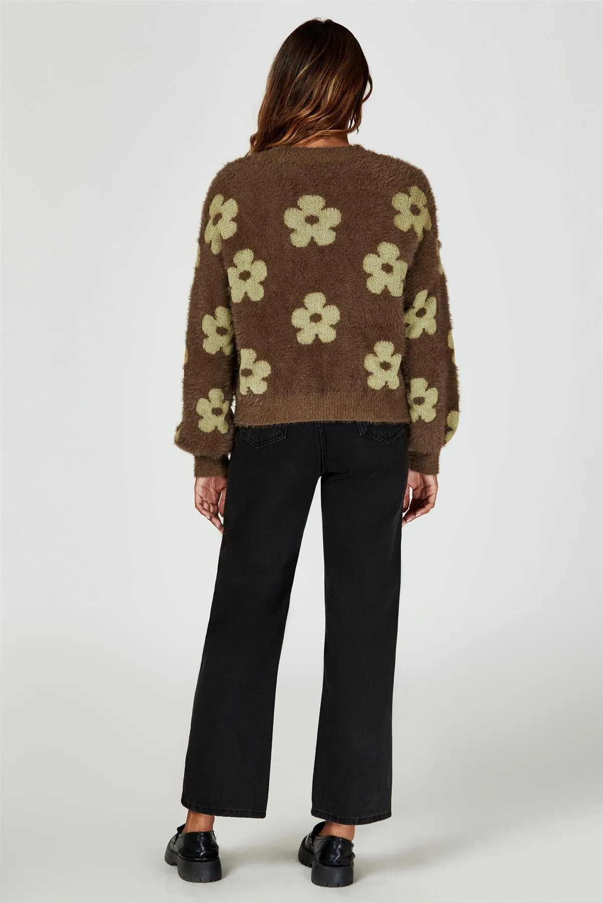 Flowers Pattern Knitted Cardigan In Brown