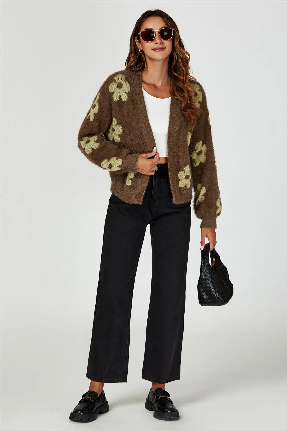 Flowers Pattern Knitted Cardigan In Brown