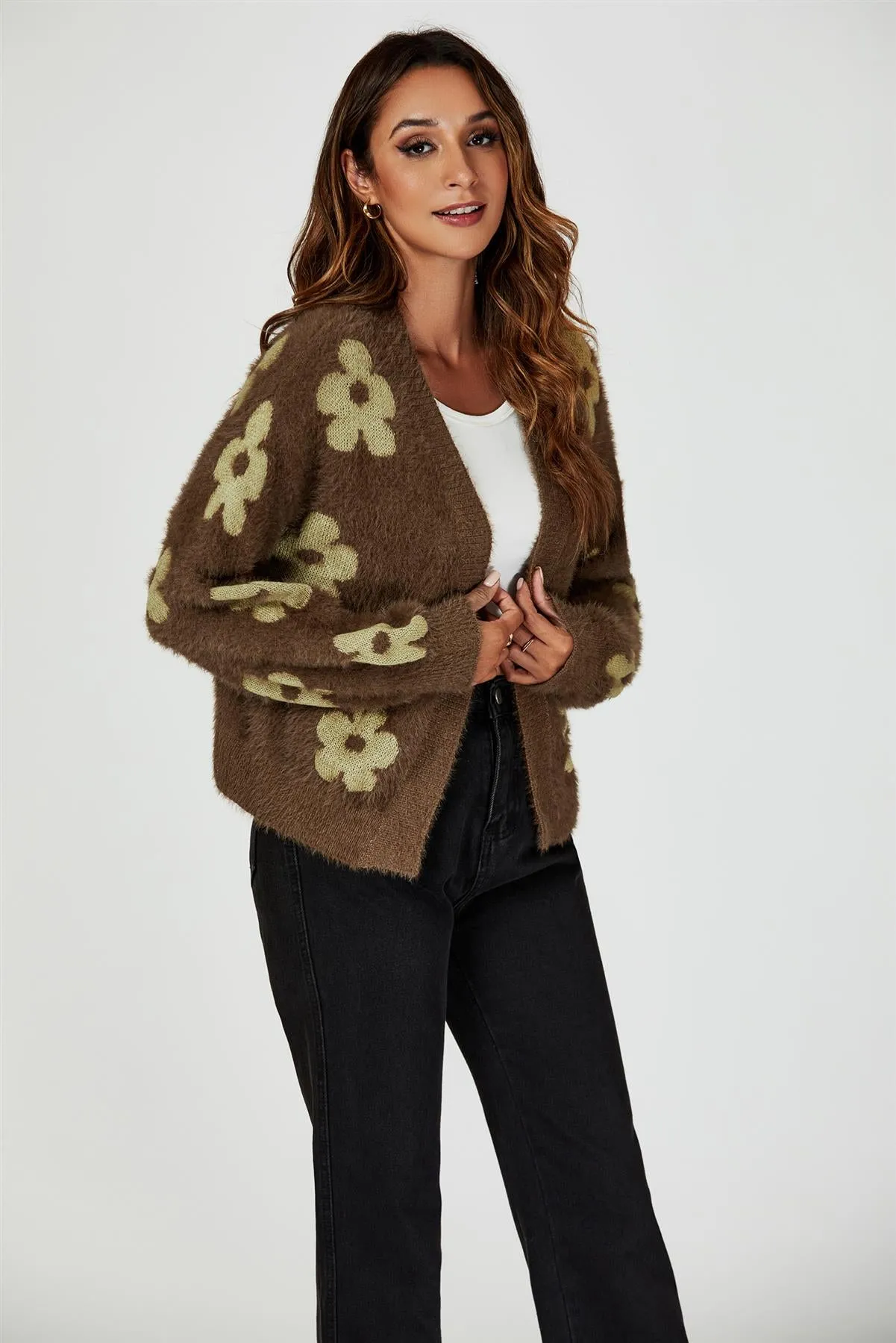 Flowers Pattern Knitted Cardigan In Brown