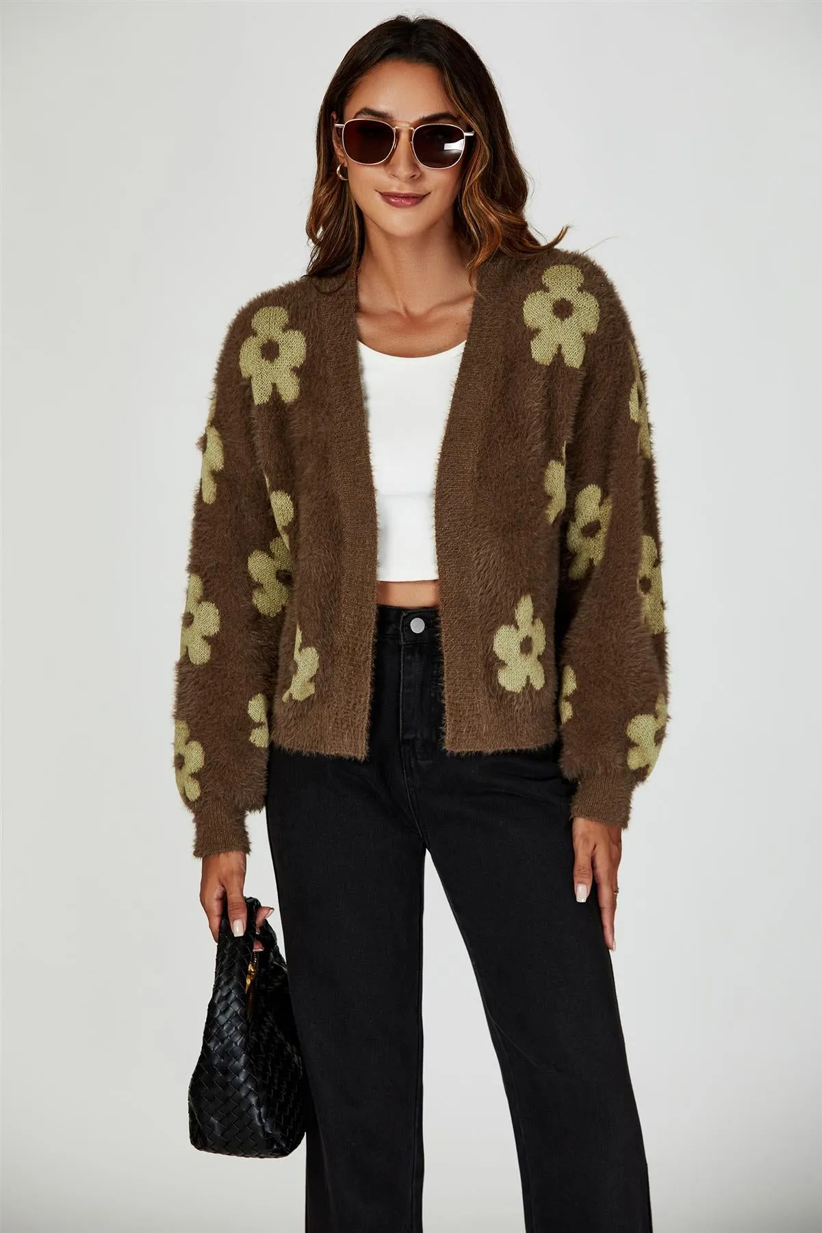 Flowers Pattern Knitted Cardigan In Brown