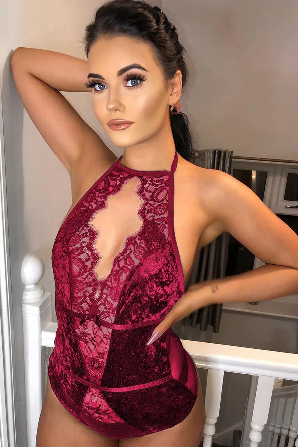 Fuchsia Halter Neck Hollow-out Lace Velvet Backless Bodysuit