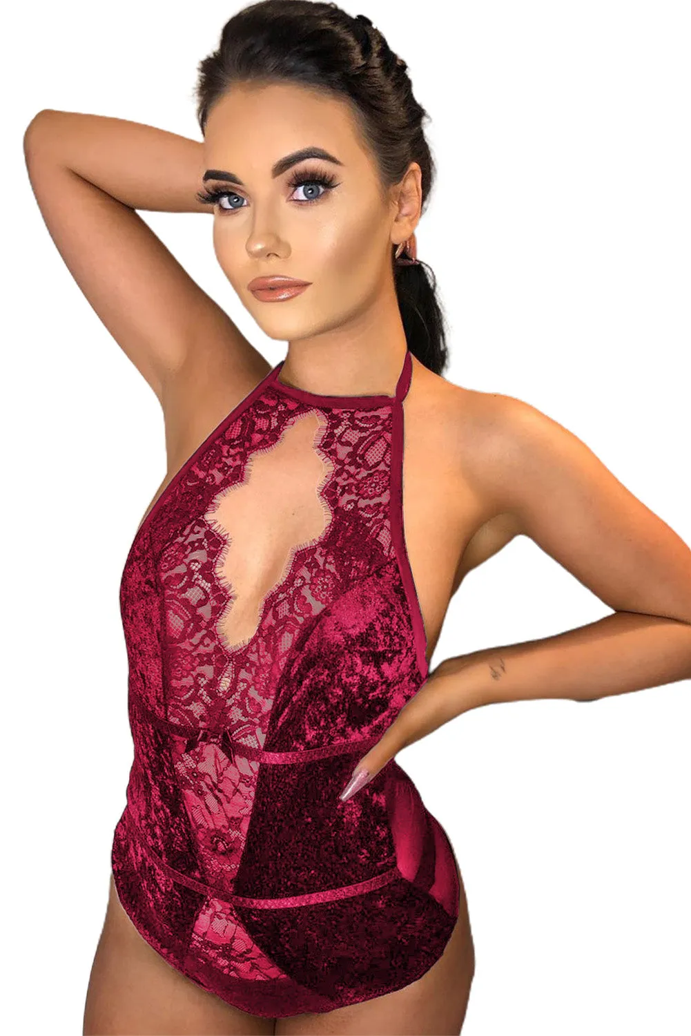 Fuchsia Halter Neck Hollow-out Lace Velvet Backless Bodysuit