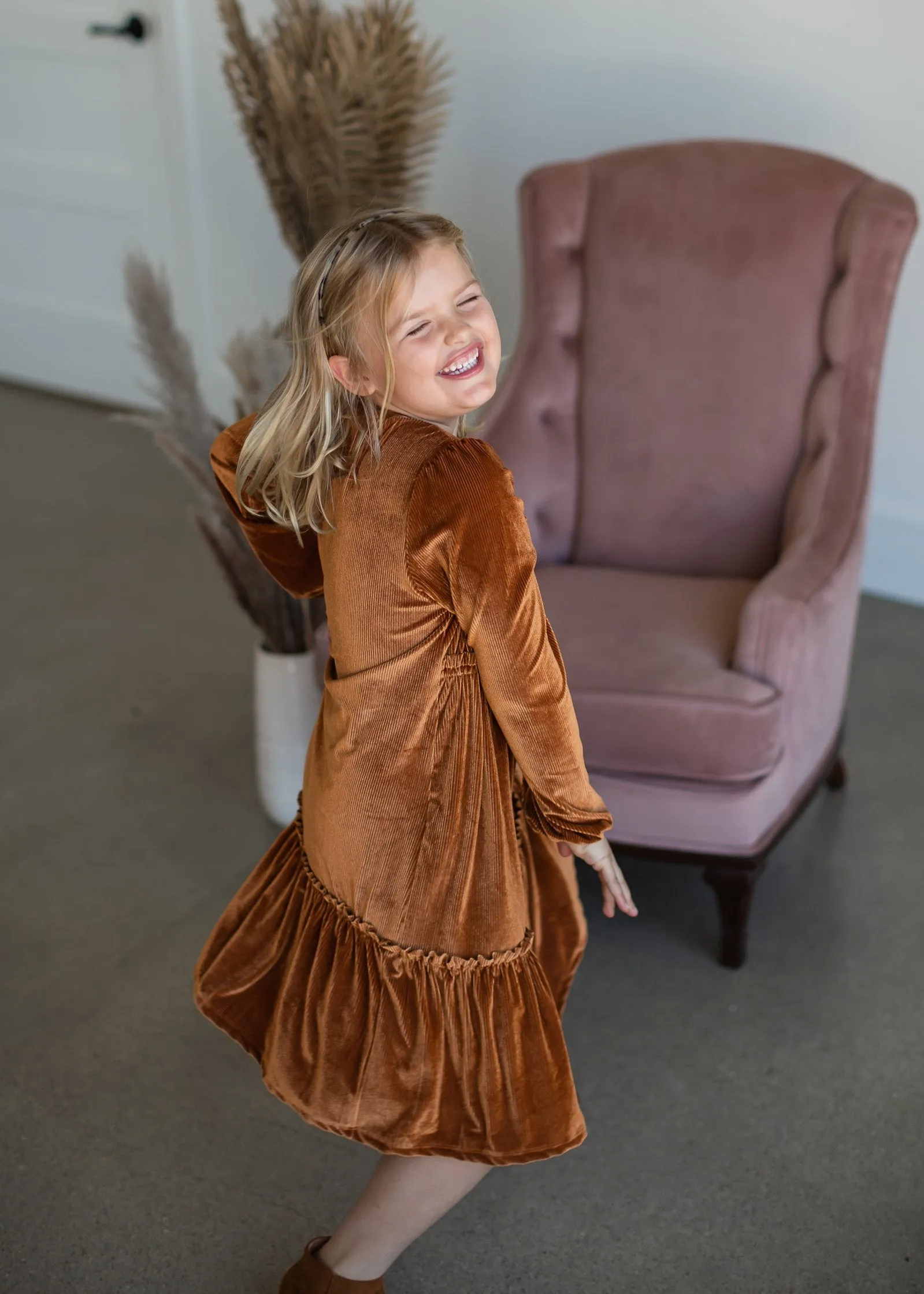 Girls Ribbed Velvet Ruffled Tiered Dress