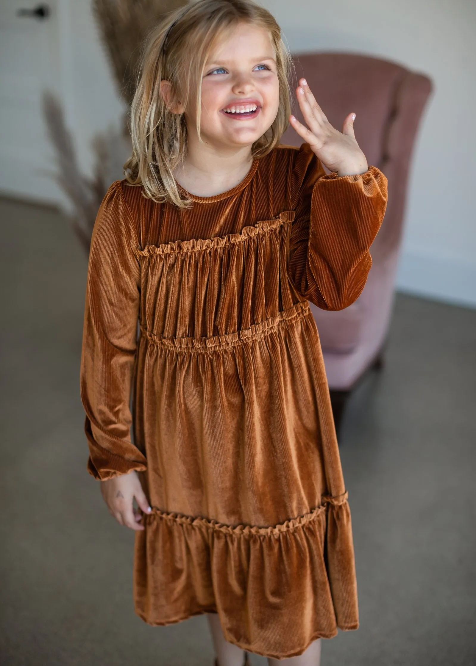 Girls Ribbed Velvet Ruffled Tiered Dress