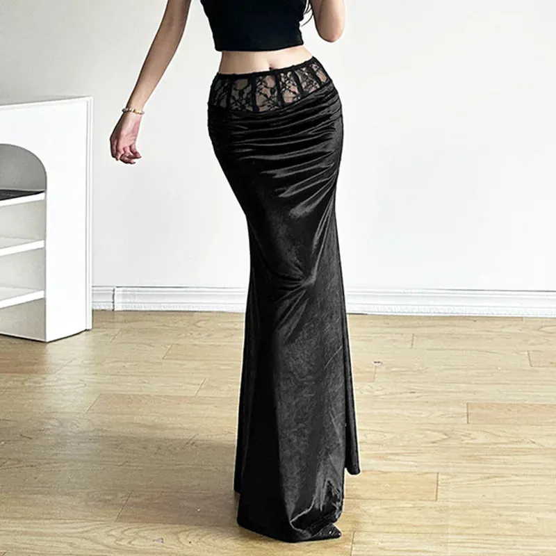 Goth Y2k Dark Lace Gothic Velvet Long Trumpet Mall Sexy Elegant Patchwork Partywear Skirt