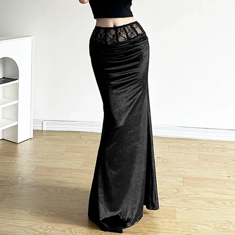 Goth Y2k Dark Lace Gothic Velvet Long Trumpet Mall Sexy Elegant Patchwork Partywear Skirt