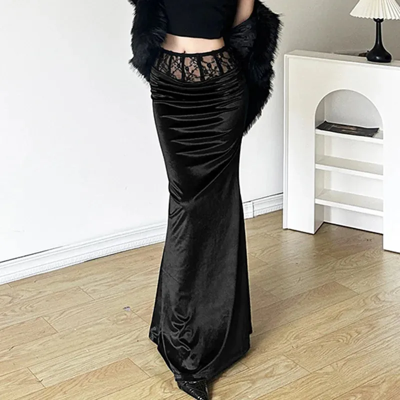 Goth Y2k Dark Lace Gothic Velvet Long Trumpet Mall Sexy Elegant Patchwork Partywear Skirt