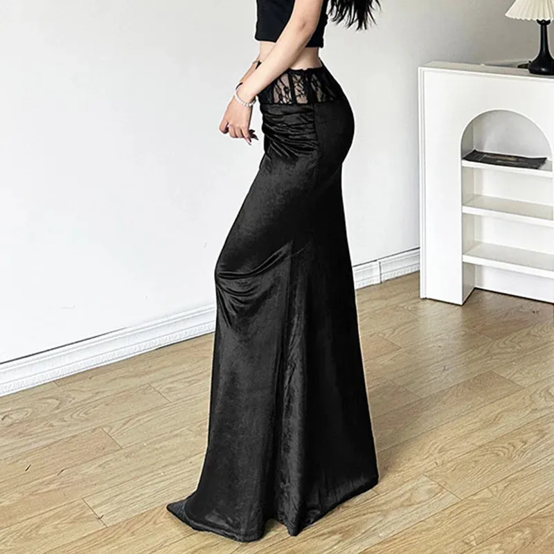 Goth Y2k Dark Lace Gothic Velvet Long Trumpet Mall Sexy Elegant Patchwork Partywear Skirt