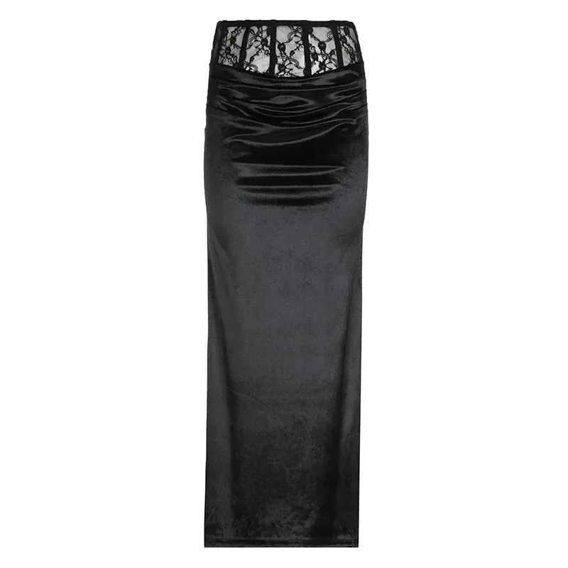 Goth Y2k Dark Lace Gothic Velvet Long Trumpet Mall Sexy Elegant Patchwork Partywear Skirt