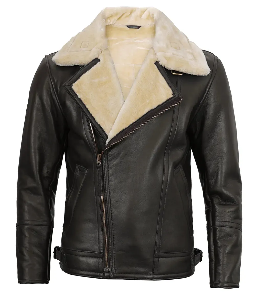 Hartford Asymmetrical Dark Brown Leather Shearling Jacket Mens