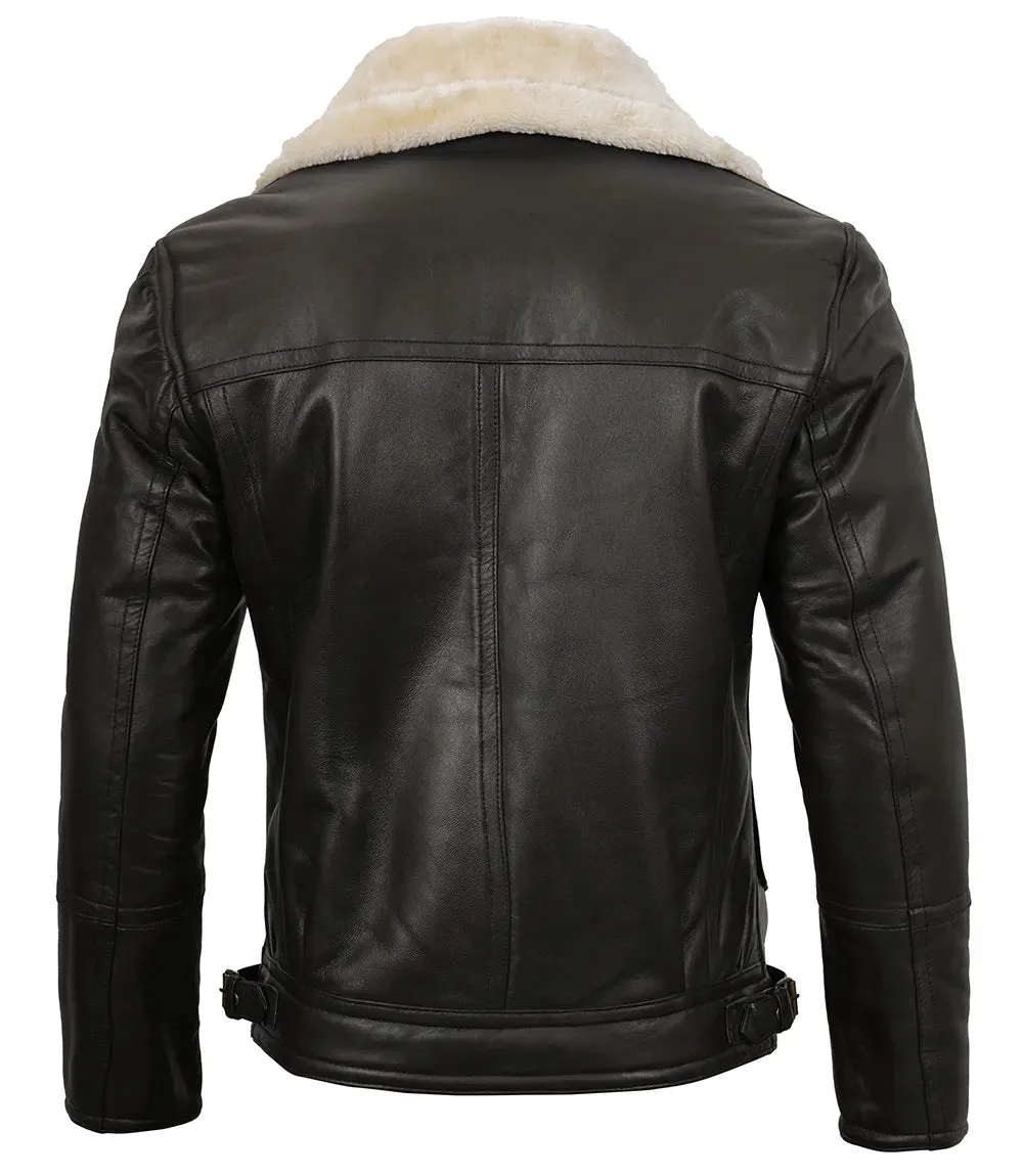 Hartford Asymmetrical Dark Brown Leather Shearling Jacket Mens