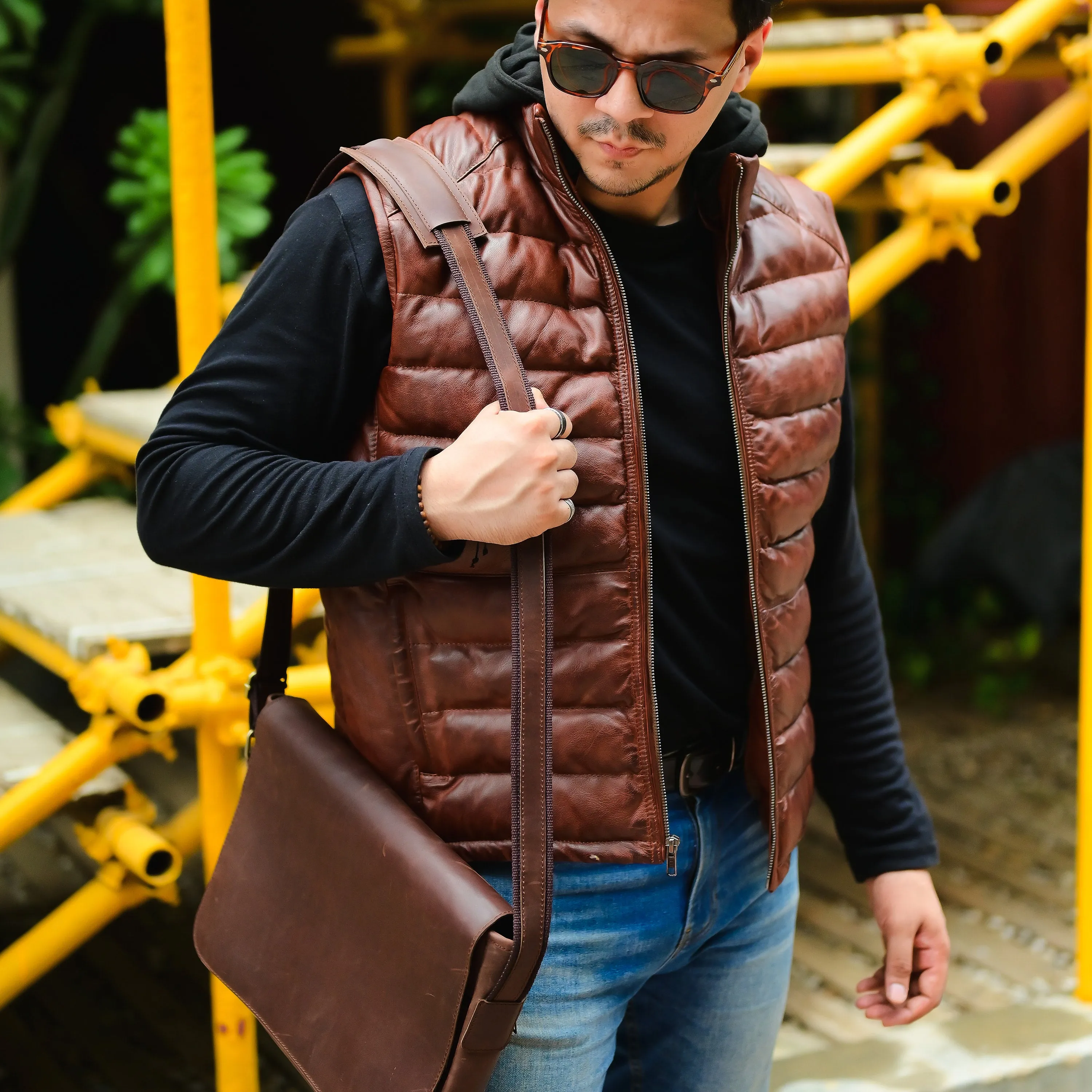 Jild Leather Puffer Vest with Removable Hood