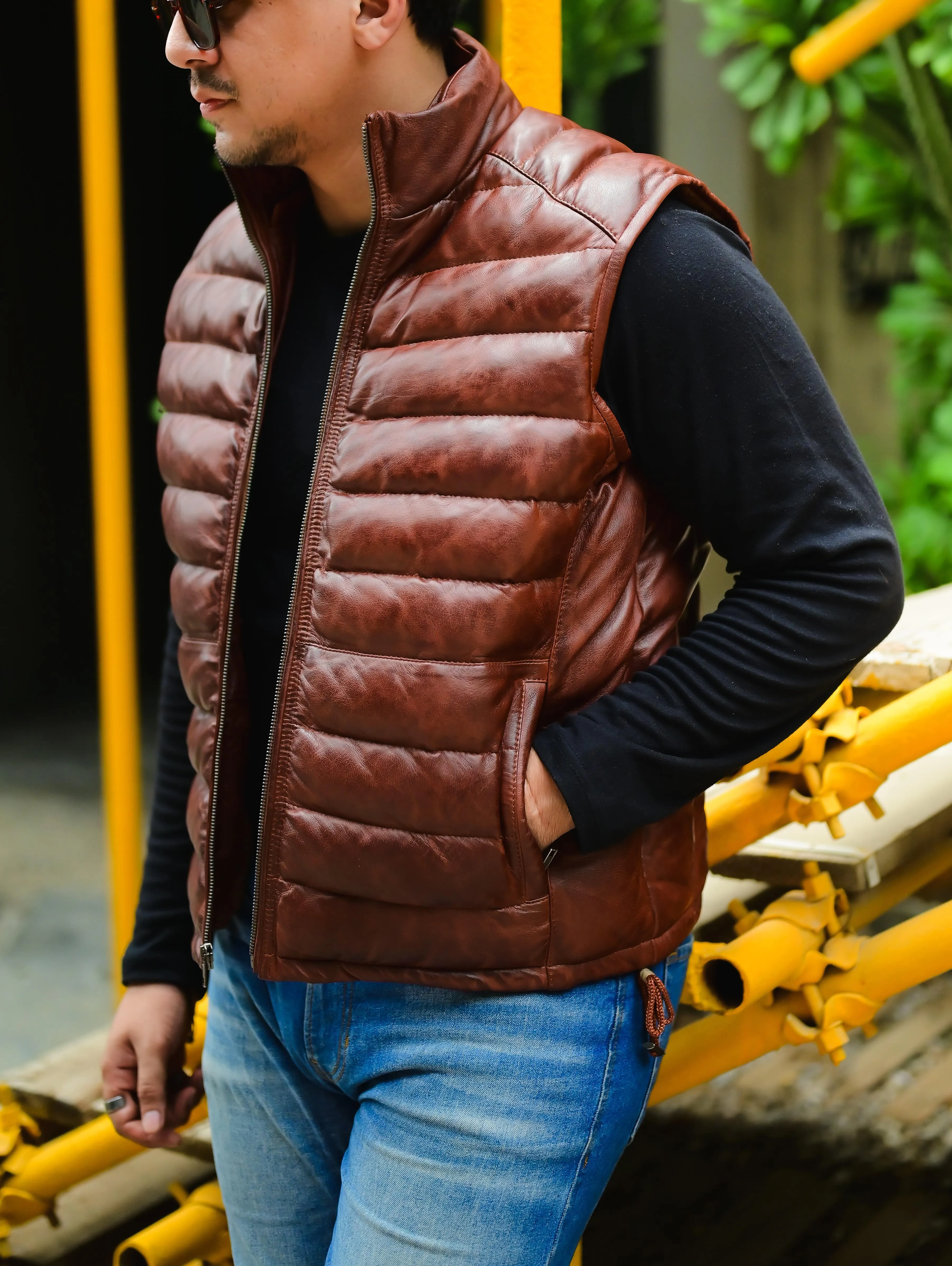 Jild Leather Puffer Vest with Removable Hood