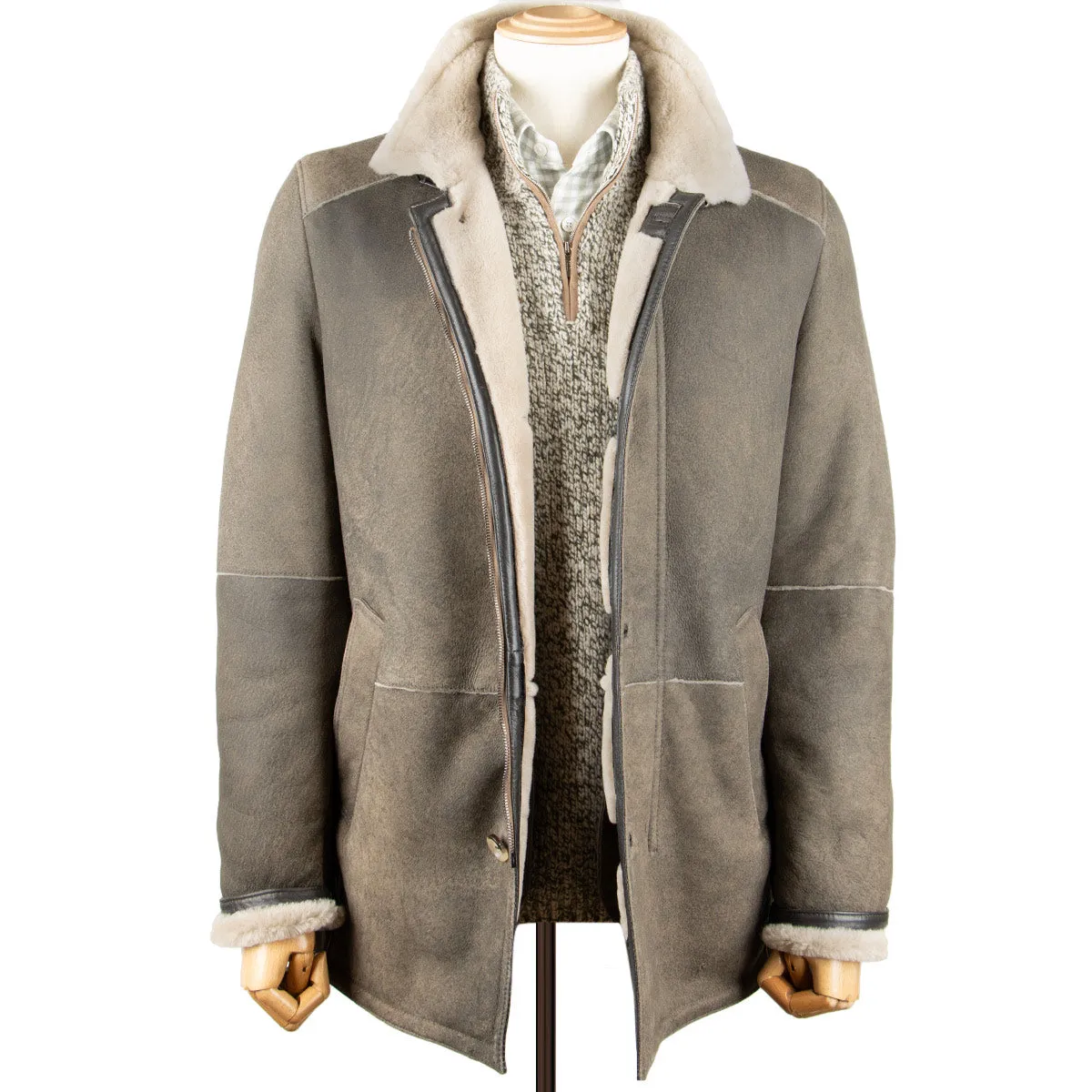 Khaki Green Shearling Mid Length Leather Jacket