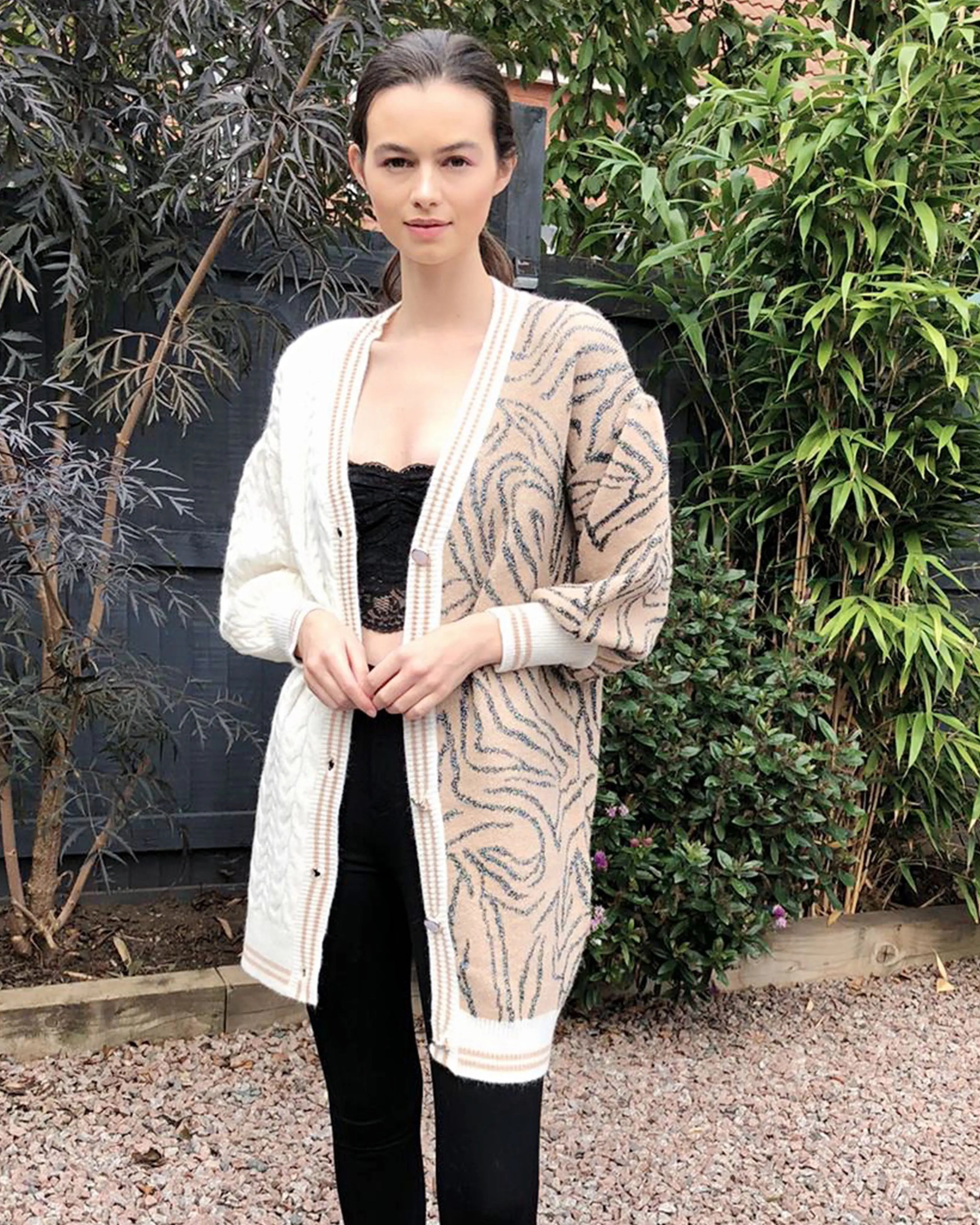 Leopard print contrast long knit cardigan