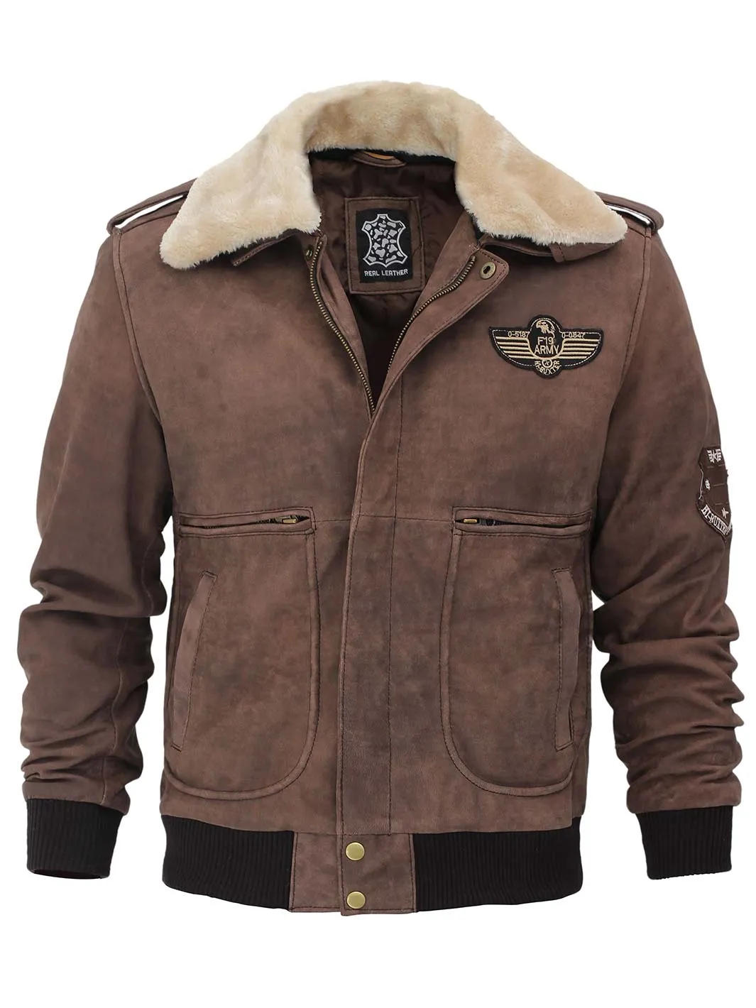 Men's Brown Suede  Bomber Aviator Jacket with Removeable Shearling Collar