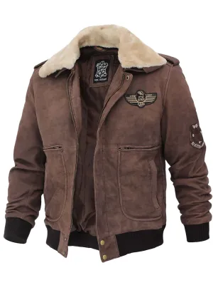 Men's Brown Suede  Bomber Aviator Jacket with Removeable Shearling Collar