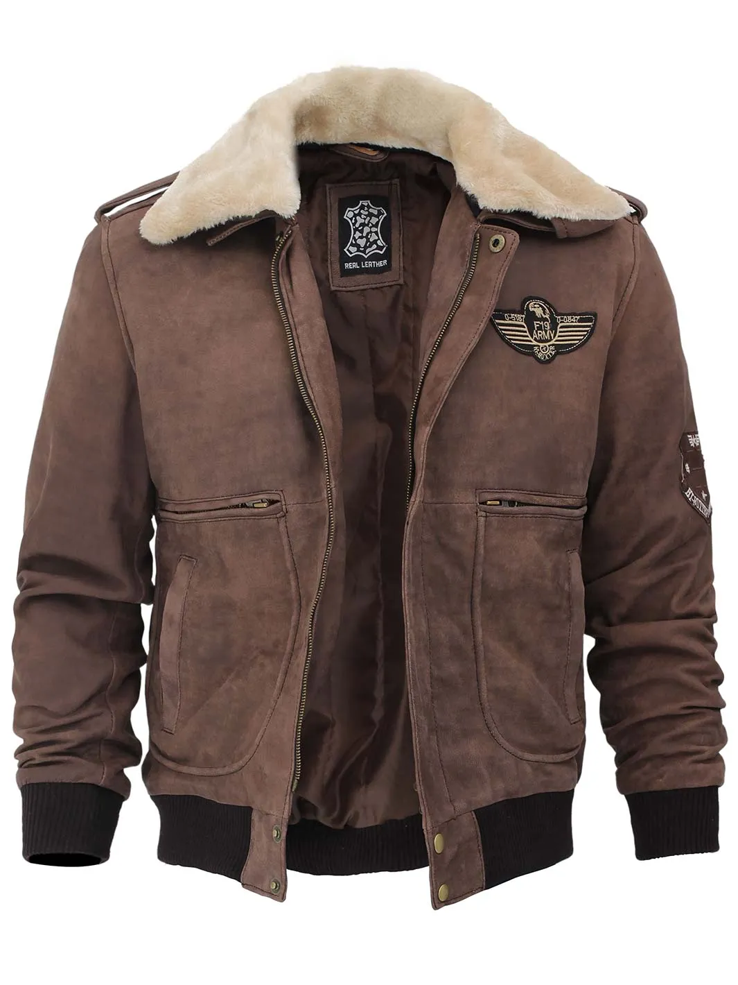 Men's Brown Suede  Bomber Aviator Jacket with Removeable Shearling Collar