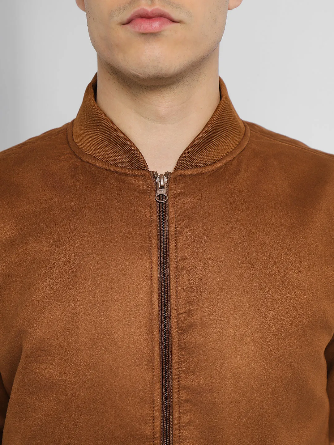 Men's Rib Collar Regular Fit Solid Tan Suede Bomber Jacket