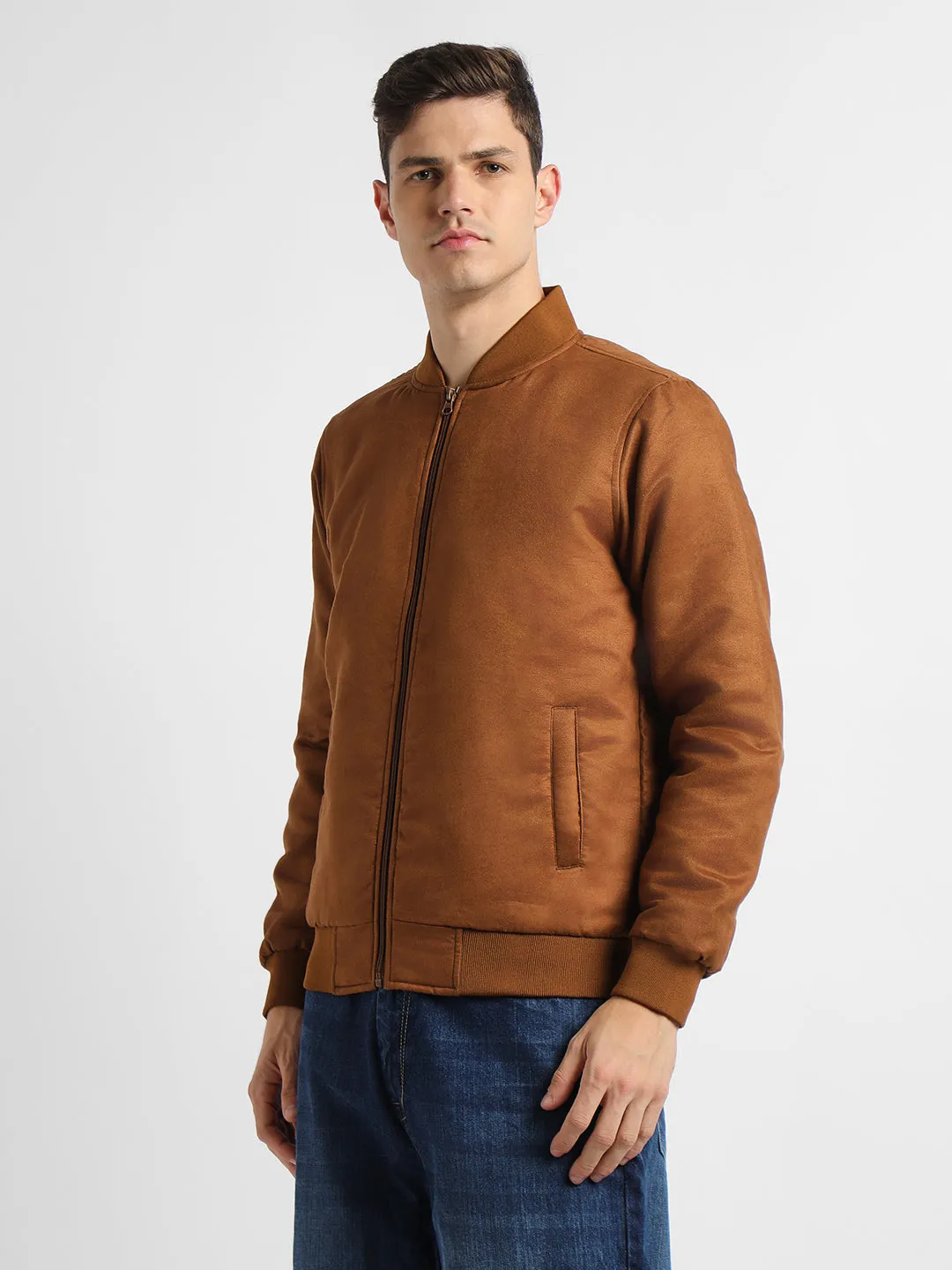 Men's Rib Collar Regular Fit Solid Tan Suede Bomber Jacket