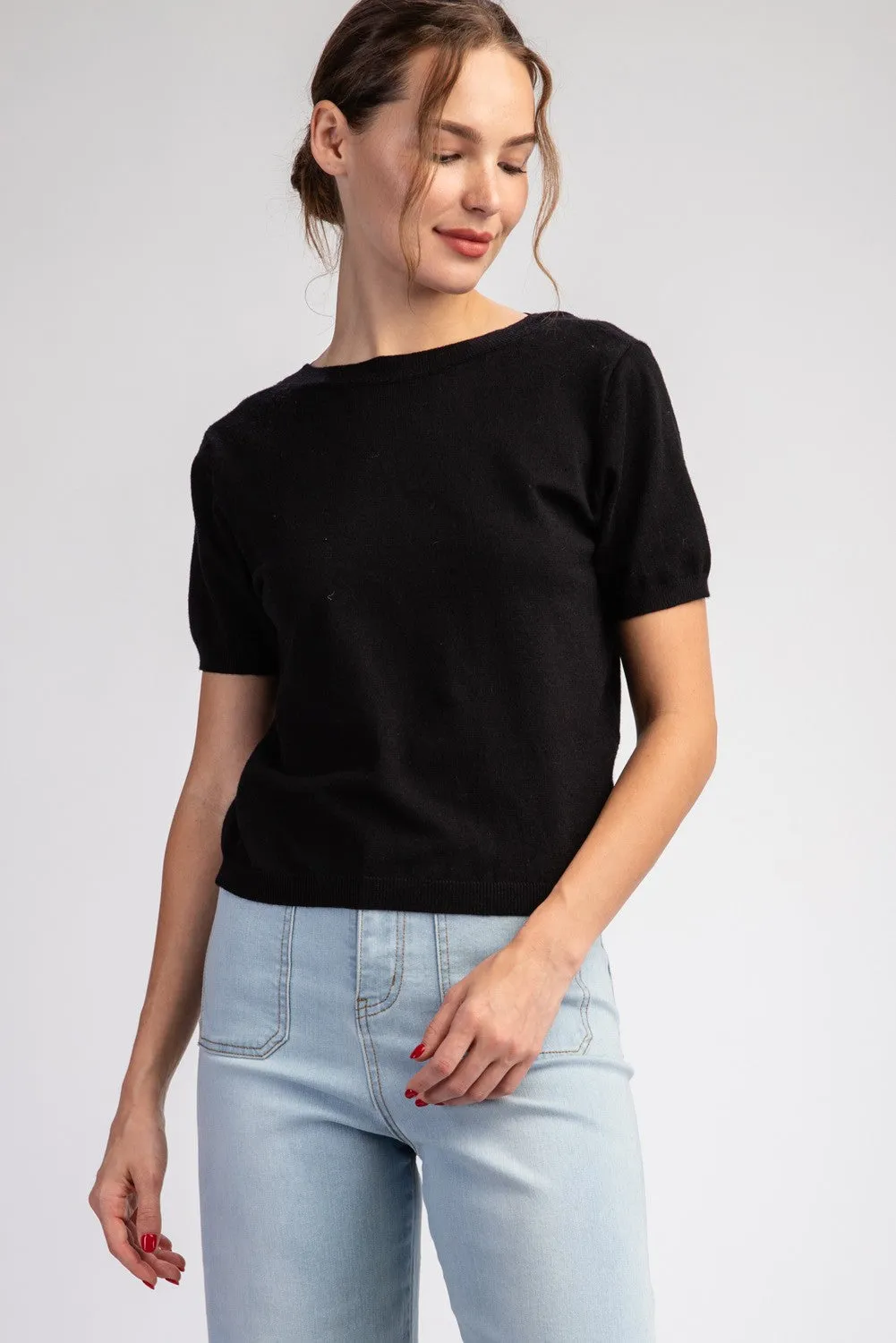 MESH BOW SHORT SLEEVE SWEATER