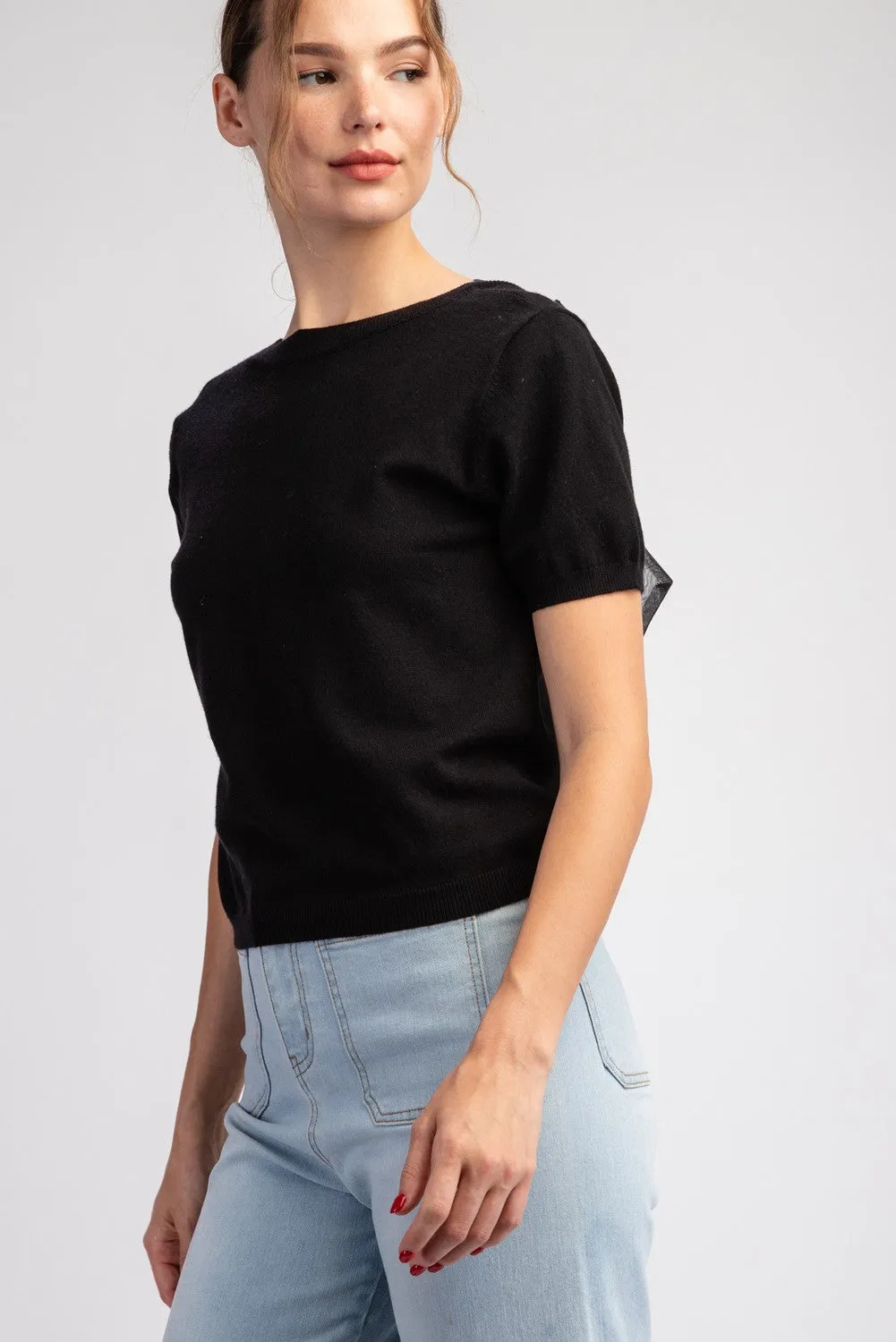 MESH BOW SHORT SLEEVE SWEATER