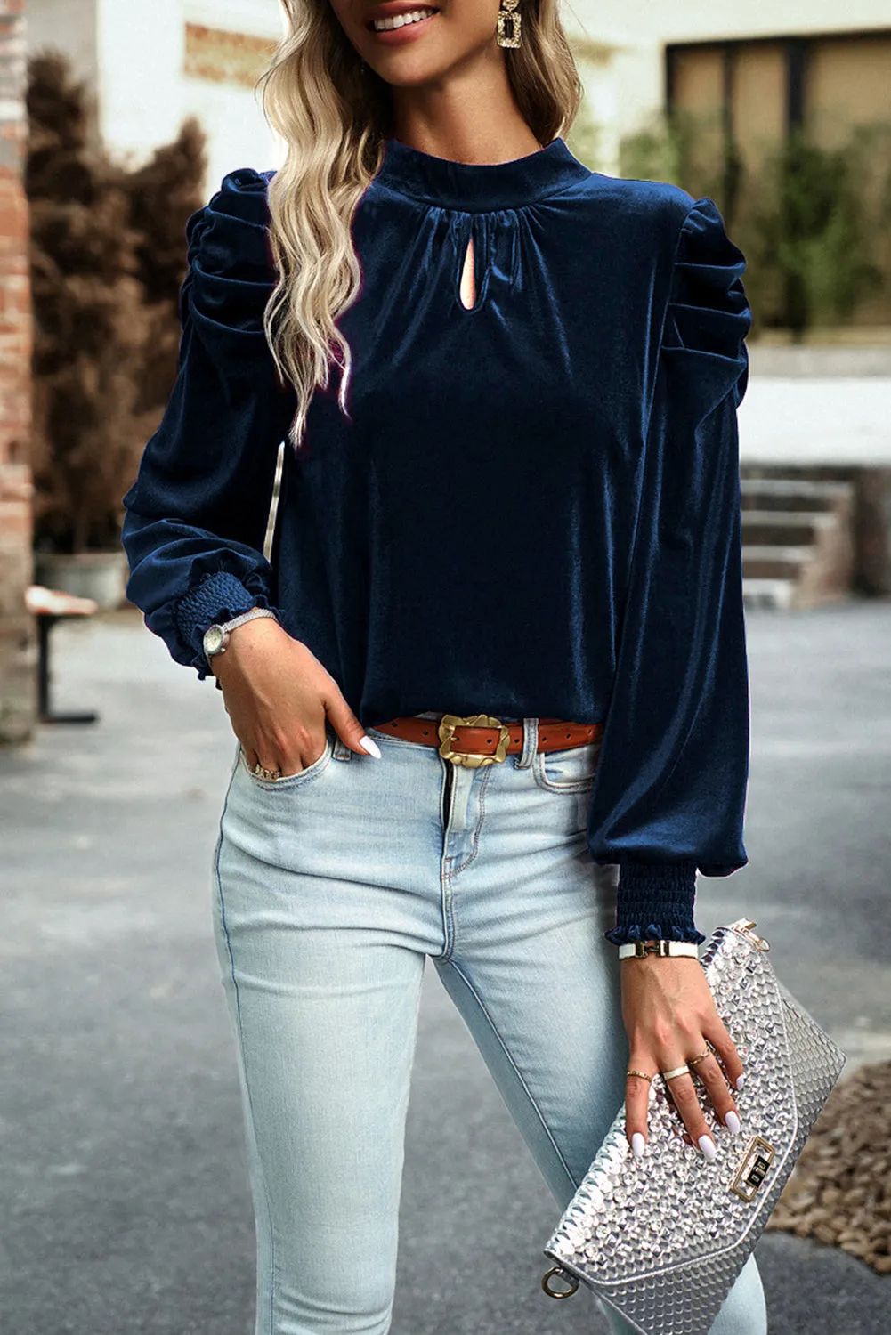 Navy Blue Mock Neck Puff Sleeve Velvet Blouse