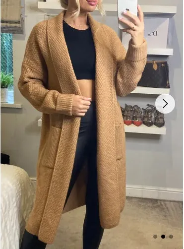 Oversized Boxy rib knit long cardigan with front pocket